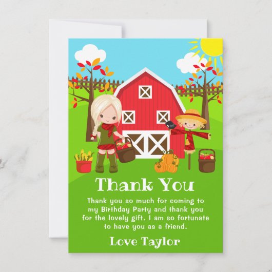 Herfst herfst Barnyard Verjaardag Blond Haar Meisj Bedankkaart (Voorkant)