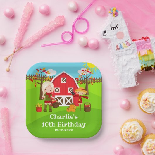Herfst herfst Barnyard Verjaardag Blond Haar Meisj Papieren Bordje (Feest)