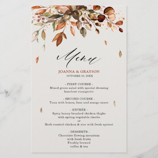 Herfst herfst bladeren rustiek land bruiloft menu (Voorkant)