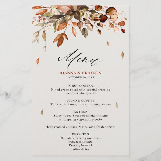 Herfst herfst bladeren rustiek land bruiloft menu (Voorkant)