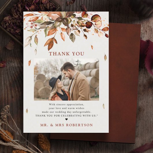 Herfst herfst bladeren rustieke land foto bruiloft bedankkaart