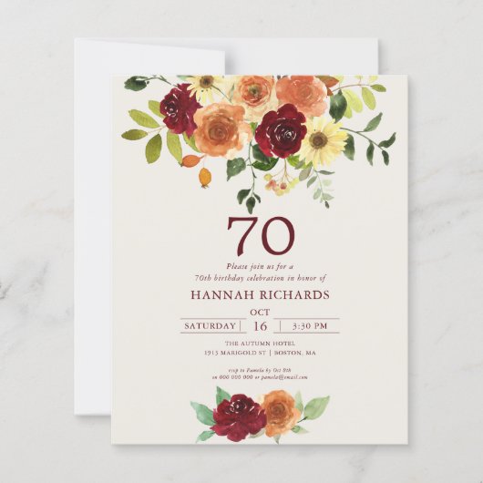 Herfst | Herfst Bloemen 70ste Verjaardag Uitnodigi (Voorkant)