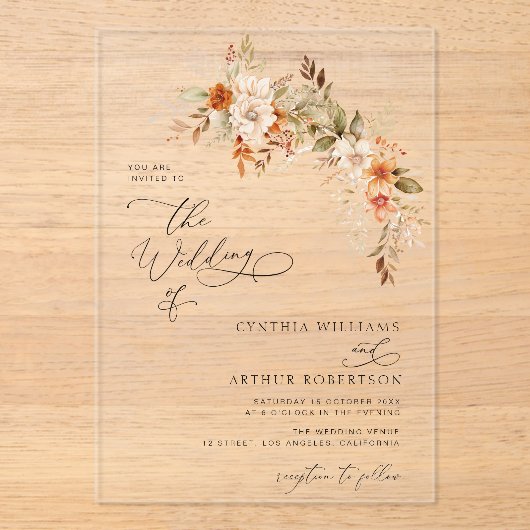 Herfst herfst bloemen bruiloft acryl uitnodigingen (Voorkant)