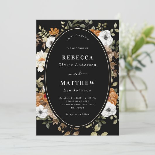 Herfst Herfst Bloemen Monogram Moody Zwart Trouwen Kaart (Staand voorkant)