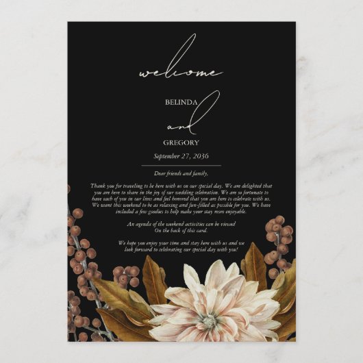 Herfst Herfst Bloemen Zwart Bruiloft Route Programmakaart (Voorkant)