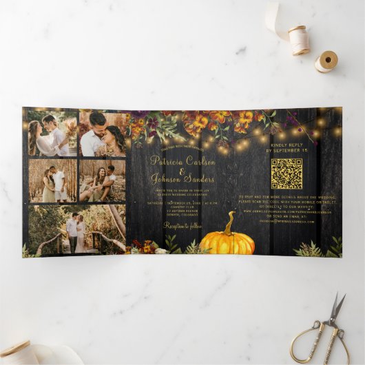 Herfst herfst bloemenfotocollage QR RSVP bruiloft Drieluik Uitnodiging (Binnen)