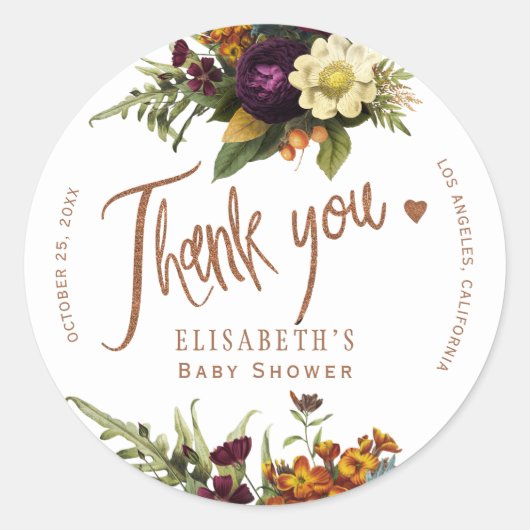 Herfst herfst bloemenkoper baby shower dank u ronde sticker (Voorkant)