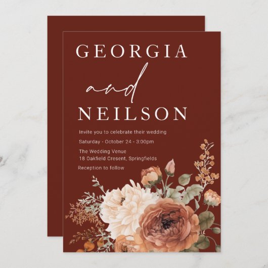 Herfst herfst bloemenmoderne bruiloft kaart (Voorkant / Achterkant)