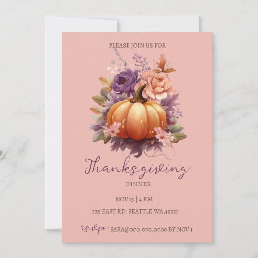 Herfst Herfst Bloemenpompoenen Thanksgiving Diner Kaart (Voorkant)