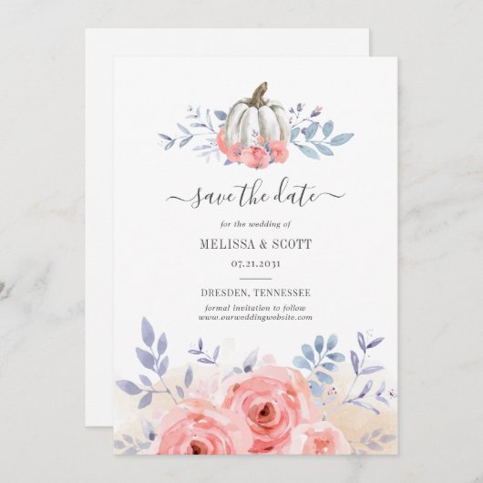 Herfst herfst Blush Roses Pumpkin Floral Save The Date (Voorkant / Achterkant)