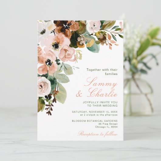 Herfst Herfst Blush Roze Bloemen en Foliage Weddin Kaart (Staand voorkant)