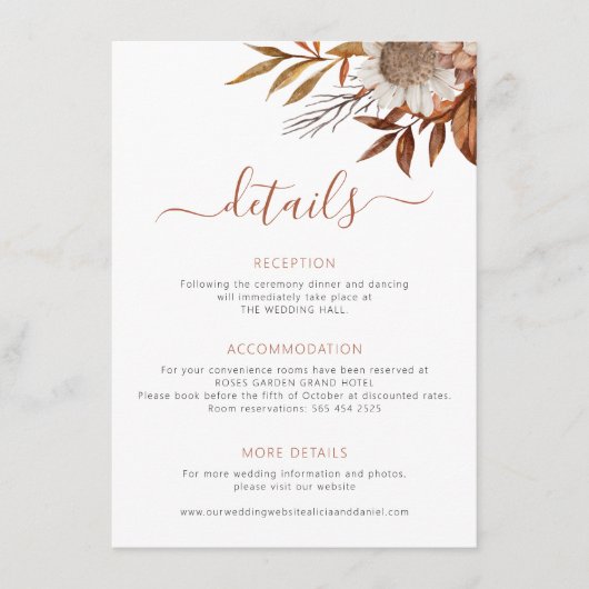 Herfst herfst boho bladeren bruiloft details informatiekaartje (Voorkant)