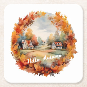 Herfst herfst Boho Waterverf pompoen huisje Kartonnen Onderzetters