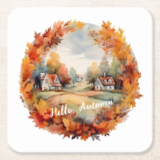 Herfst herfst Boho Waterverf pompoen huisje Kartonnen Onderzetters (Voorkant)