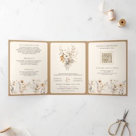 Herfst Herfst Boho Wildflower Foto QR Code Bruilof Drieluik Uitnodiging (Binnen)