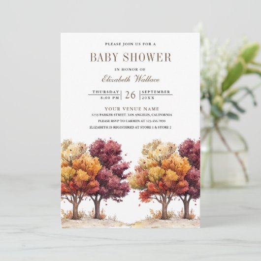 Herfst Herfst Bourgogne Bomen QR Code Baby shower Kaart (Staand voorkant)