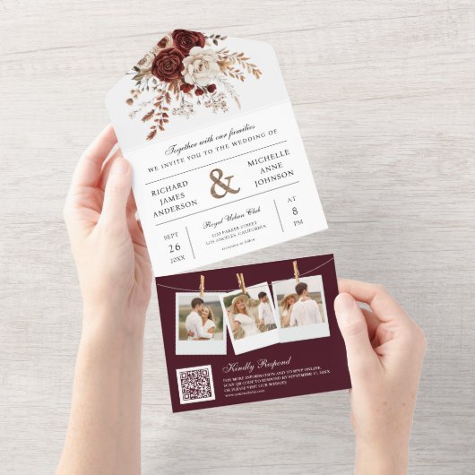 Herfst Herfst Bourgondië Bloemen Foto QR Code Huwe All In One Uitnodiging (Afscheurbaar)