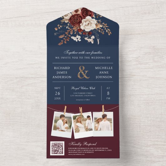 Herfst Herfst Bourgondië Bloemen QR Code Navy Wedd All In One Uitnodiging (Binnen)
