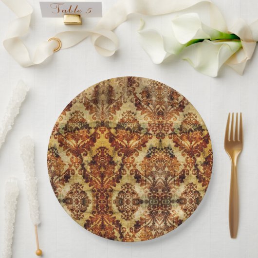  Herfst herfst bruiloft bruin damast Papieren Bordje (Huwelijk)