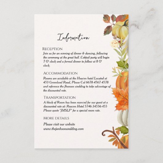 Herfst herfst bruiloft informatie informatiekaartje (Voorkant)
