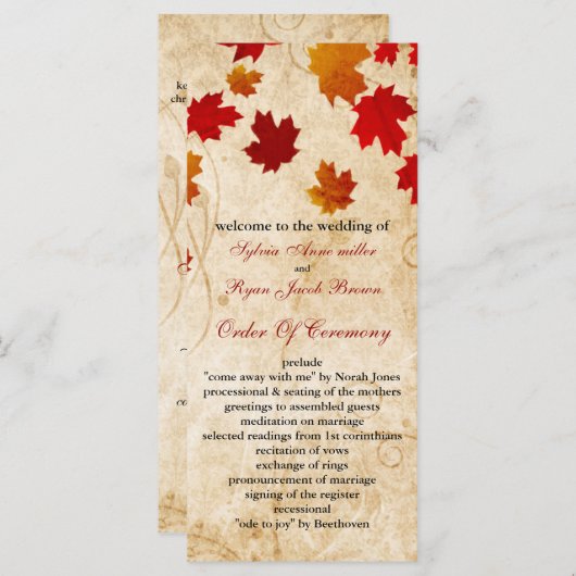 herfst herfst bruin bladeren bruiloft programma programmakaart (Voorkant / Achterkant)