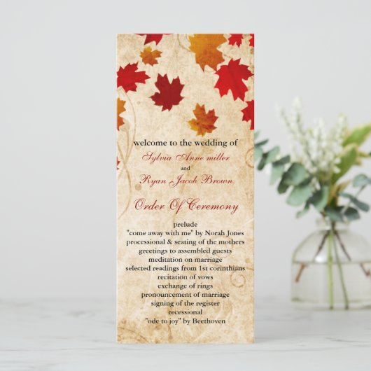 herfst herfst bruin bladeren bruiloft programma programmakaart (Staand voorkant)