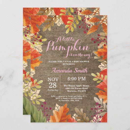 Herfst Herfst Burlap Girl Baby shower Uitnodiging (Voorkant / Achterkant)