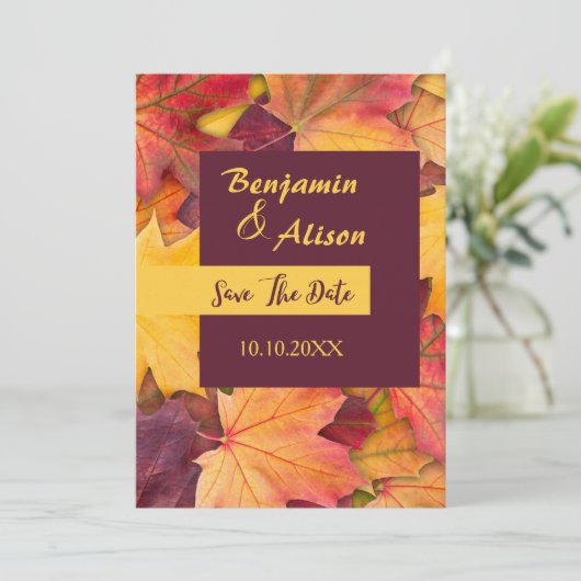 Herfst herfst esdoorn bladeren bruiloft opslaan va kaart (Staand voorkant)