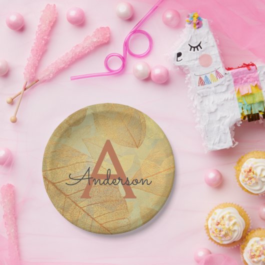 Herfst - Herfst Familie Monogram Bladeren Papieren Bordje (Feest)