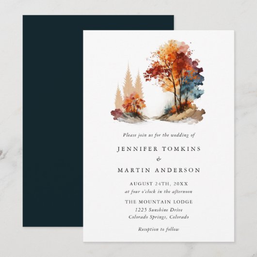Herfst Herfst Forest Mountain Waterverf bruiloft Kaart (Voorkant / Achterkant)