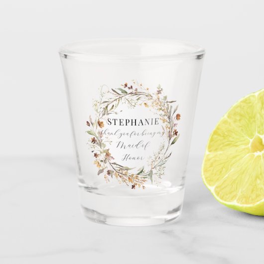 Herfst herfst krans Maid of Honor Floral bruiloft Shot Glas (Voorkant)