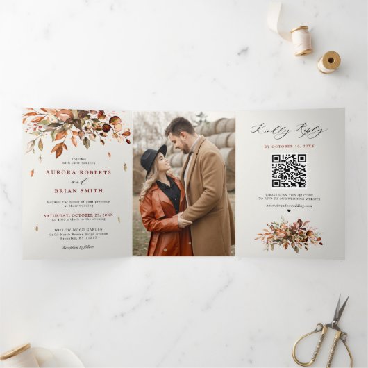 Herfst herfst leest roestrijk land boho Wedding Drieluik Aankondiging (Binnen)