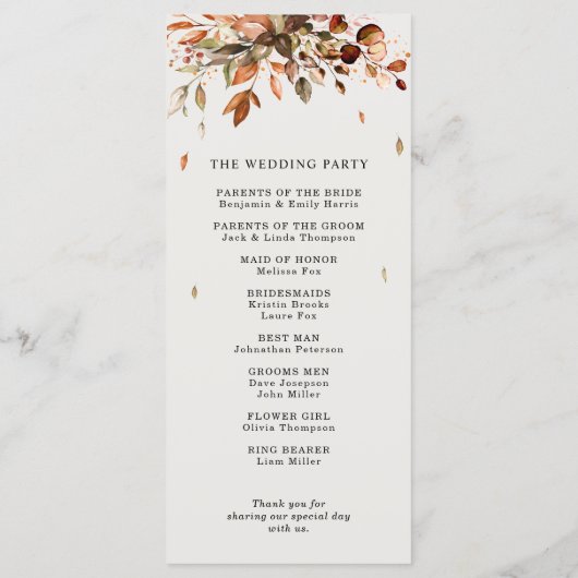 Herfst herfst leest roestrijk land boho Wedding Programmakaart (Achterkant)