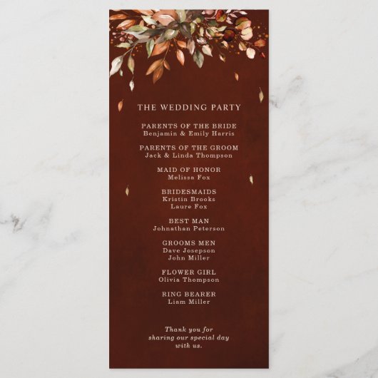 Herfst herfst leest roestrijk land boho Wedding Programmakaart (Achterkant)