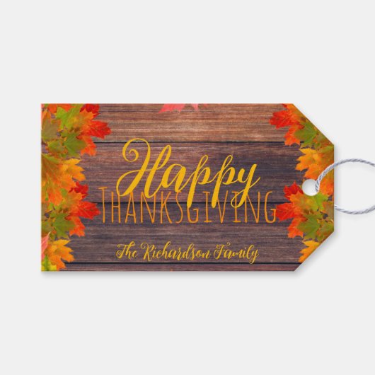 Herfst herfst lekt op Barn Wood Happy Thanksgiving Cadeaulabel (Voorkant (Horizontaal))
