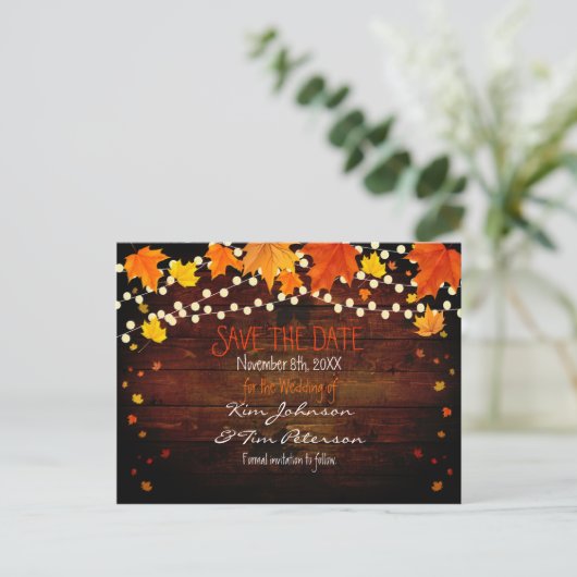 Herfst Herfst Lights Rustiek Briefkaart Save Date (Staand voorkant)