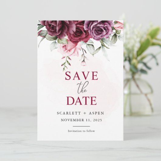 Herfst Herfst Merlot Floral Wedding Save the Date Kaart (Staand voorkant)