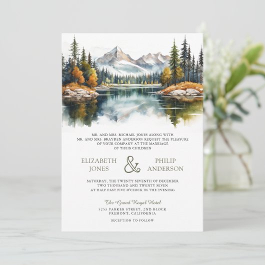 Herfst Herfst Mountain Forest Lake QR Code Bruilof Kaart (Staand voorkant)