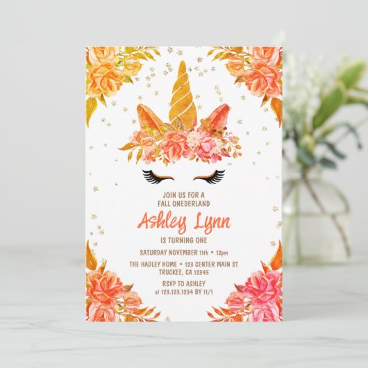 Herfst Herfst Onederland Eenhoorn 1e Verjaardag Kaart (Staand voorkant)