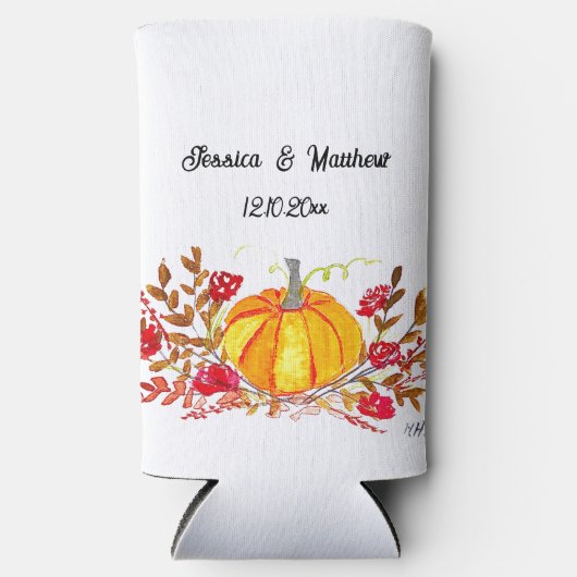 herfst Herfst pompoen bladeren Waterverf bruiloft Seltzer Blikjeskoeler (Voorkant)