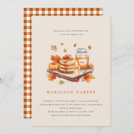 Herfst Herfst Pompoen en Pannenkoeken Baby Brunch Kaart (Voorkant / Achterkant)