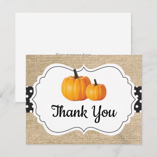Herfst Herfst Pompoen Sinaasappel Zwart-wit Burlap Bedankkaart (Voorkant / Achterkant)