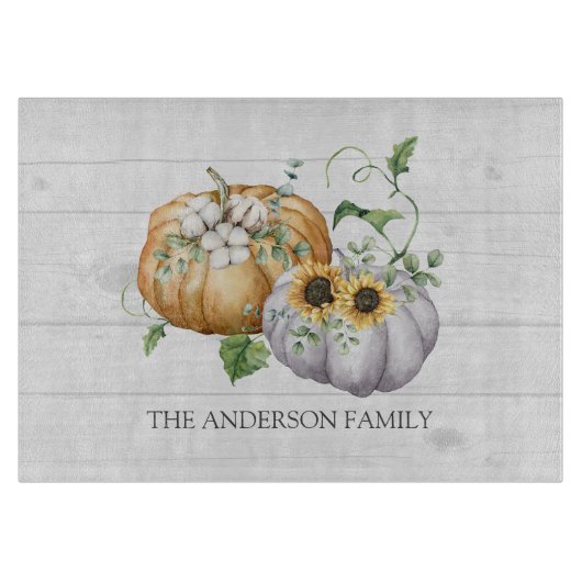 Herfst Herfst Pompoen Zonnebloem en Katoen Bloemen Snijplank (Voorkant)