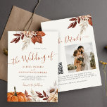 Herfst herfst QR code boho botanische bruiloft Kaart<br><div class="desc">Moderne rustieke waterverf botanische bloemen,  pompoen,  gebladerte en gedroogde bladeren maken een chique herfstbudget betaalbaar,  alles in één van witte trouwuitnodiging met een trendy handschrift kalligrafie script en aardeachtig terracotta beige kleurenpalet.                  Personaliseer het met je foto en QR-code naar je website of naar RSVP online.</div>