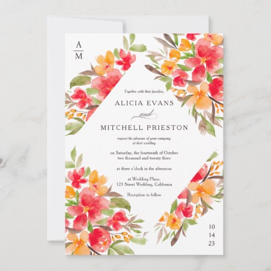 Herfst herfst rode oranje waterverf bruiloft kaart (Voorkant)