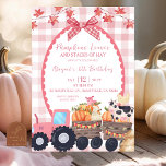 Herfst Herfst Roze Boerderij Verjaardag Kaart<br><div class="desc">Herfst Herfst Roze Boerderij Animal Verjaardag Uitnodiging,  Pompoenbladeren en Stacks van Hay Verjaardag Uitnodigen,  Bewerkbare Preppy Girl Verjaardag</div>