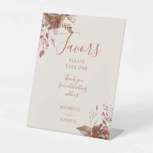 Herfst Herfst Rustiek Bloemen Elegant Script Favor Reclamebord Met Voetstuk (Voorkant)