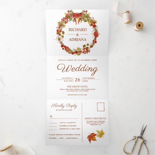 Herfst herfst rustiek land bladeren krans bruiloft drieluik uitnodiging (Binnen)