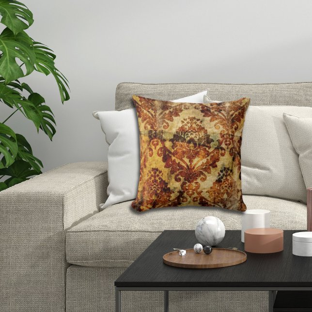 Herfst Herfst  Rustiek Sinaasappel Bruin Damask Kussen (Autumn Fall Vintage Rustic Orange Brown Damask Throw Pillow)