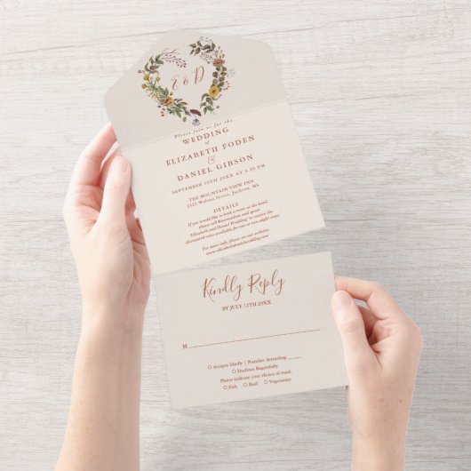 Herfst Herfst Rustieke Bloemen Details RSVP Bruilo All In One Uitnodiging (Afscheurbaar)
